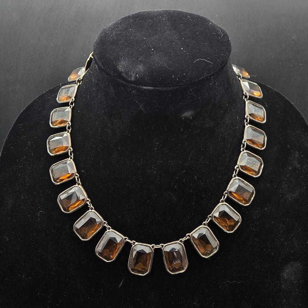 Amber Colored Glass Necklace Rectangle Vintage Costume Jewelry